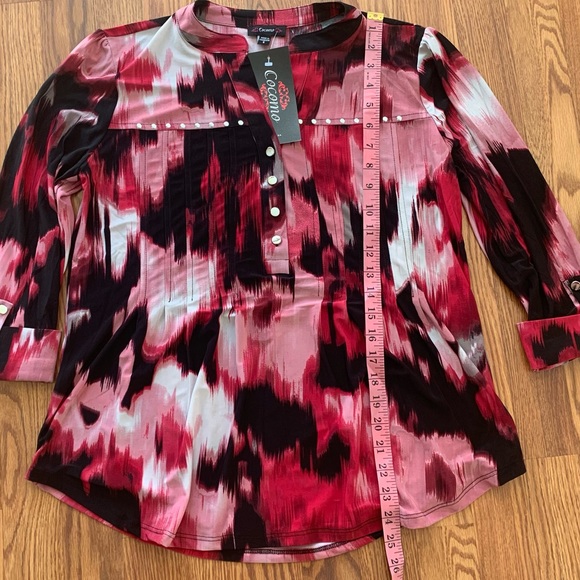 COCOMO Small Red pink white 3/4 sleeve women's Pin tuck Blouse top shirt - Picture 8 of 12